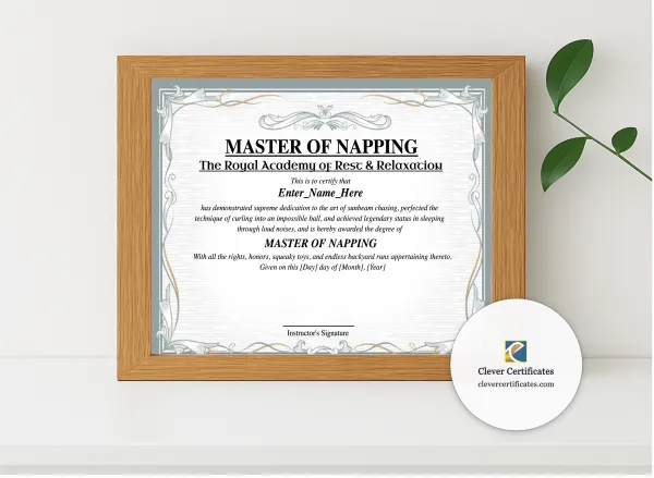 Realistic mockup featuring Master Of Napping Certificate displayed within a modern frame, set against a minimalistic background.