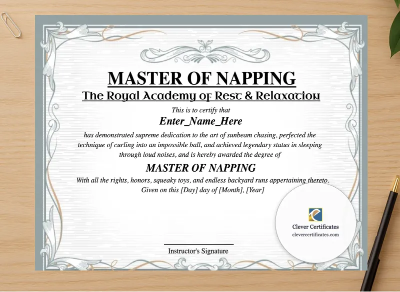 Professional preview of Master Of Napping Certificate certificate on high-quality stationery paper, ideal for showcasing the final look.