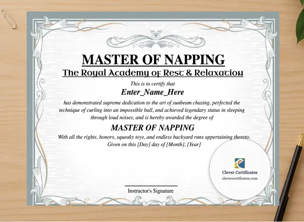 Professional preview of Master Of Napping Certificate certificate on high-quality stationery paper, ideal for showcasing the final look.
