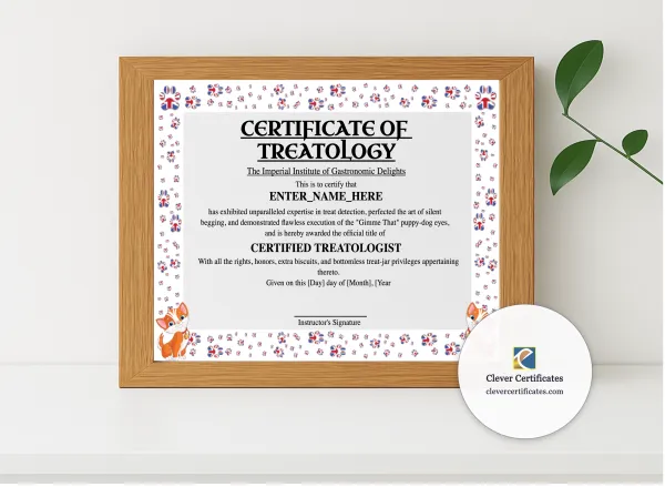 Realistic mockup featuring Certificate Of Treatology displayed within a modern frame, set against a minimalistic background.