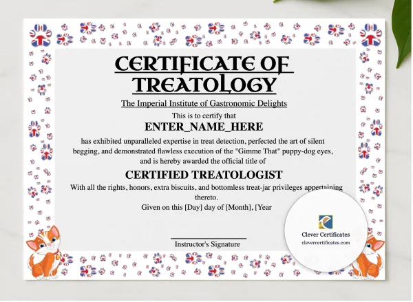 Certificate Of Treatology presented in a sleek wooden frame, elegantly arranged on a stylish table.