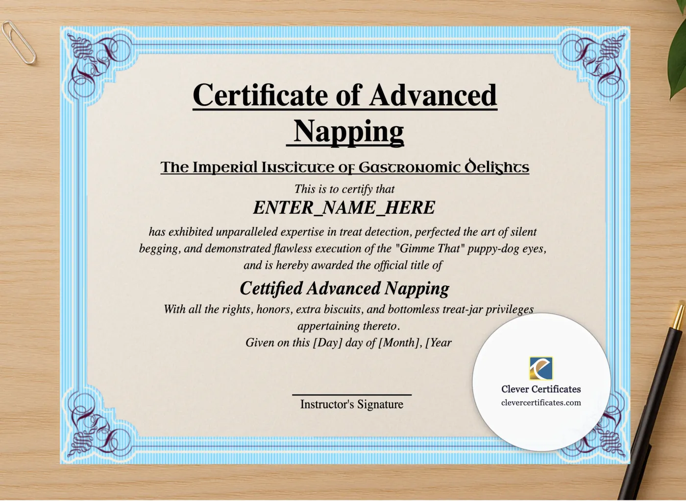 Professional preview of Certificate Of Advanced Napping certificate on high-quality stationery paper, ideal for showcasing the final look.