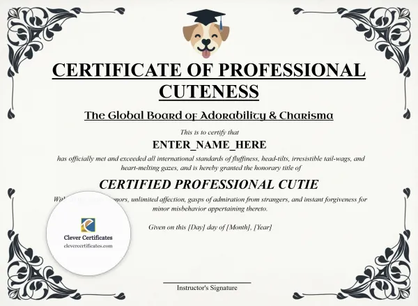Free Certificate of Professional Cuteness Template