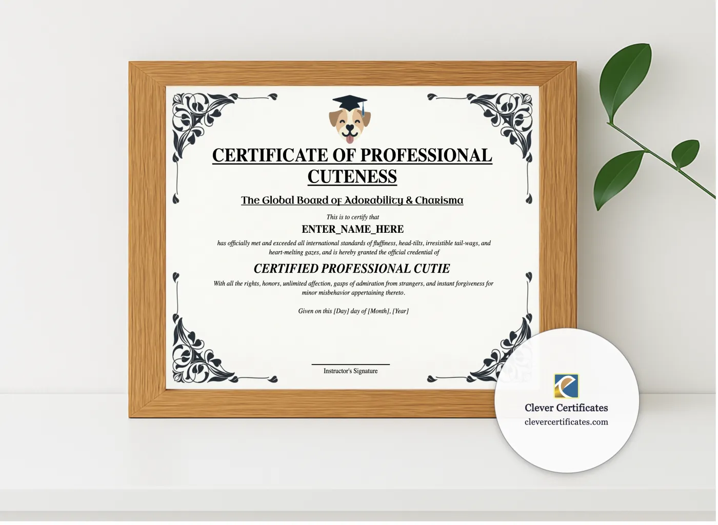Realistic mockup featuring Certificate Of Professional Cuteness displayed within a modern frame, set against a minimalistic background.