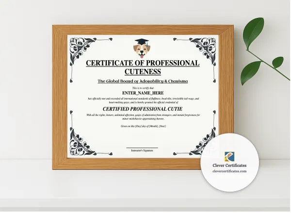 Realistic mockup featuring Certificate Of Professional Cuteness displayed within a modern frame, set against a minimalistic background.