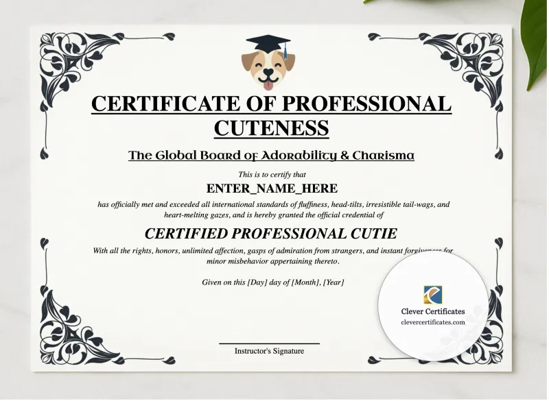 Certificate Of Professional Cuteness presented in a sleek wooden frame, elegantly arranged on a stylish table.