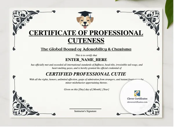 Certificate Of Professional Cuteness presented in a sleek wooden frame, elegantly arranged on a stylish table.
