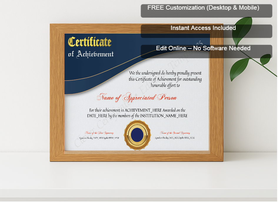 Premium mockup with Free Editor badge stack for Achievement Certificate Modern