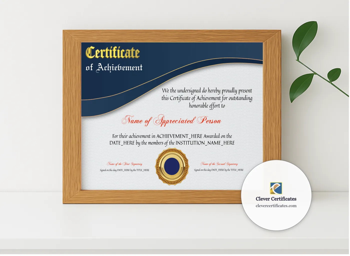 Realistic mockup featuring Achievement Certificate Modern displayed within a modern frame, set against a minimalistic background.