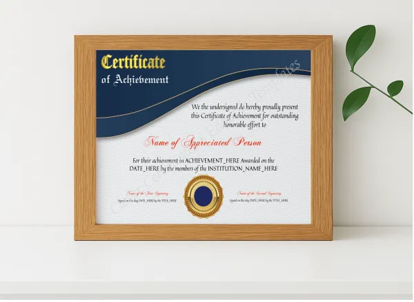Realistic mockup featuring Achievement Certificate Modern displayed within a modern frame, set against a minimalistic background.