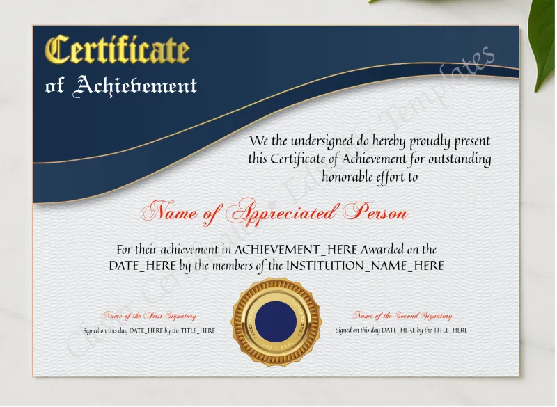 Achievement Certificate Modern presented in a sleek wooden frame, elegantly arranged on a stylish table.