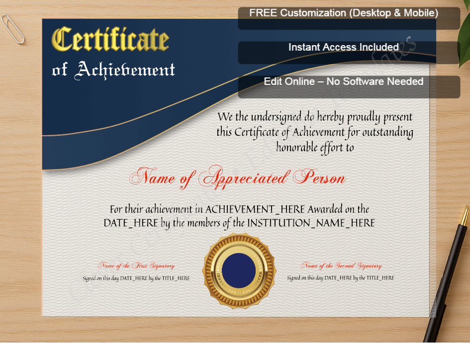Zoomed preview with Free Editor badge stack for Achievement Certificate Modern