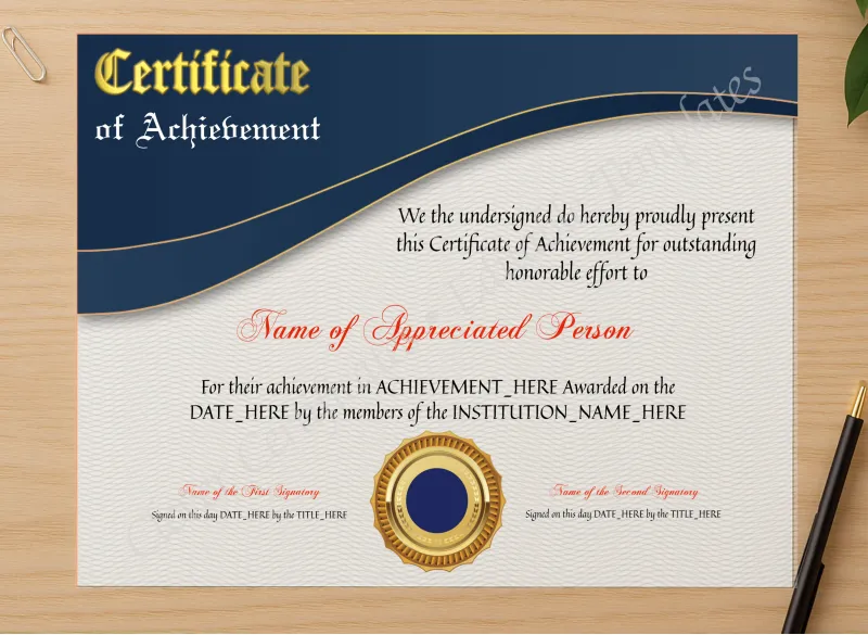 Professional preview of Achievement Certificate Modern certificate on high-quality stationery paper, ideal for showcasing the final look.