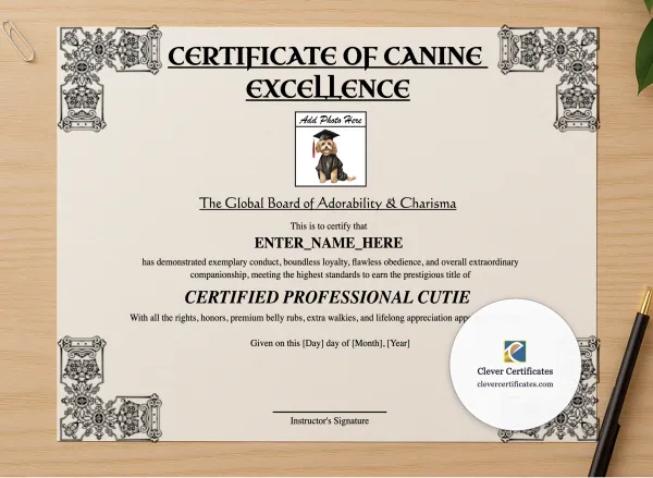 Professional preview of Certificate Of Canine Excellence certificate on high-quality stationery paper, ideal for showcasing the final look.