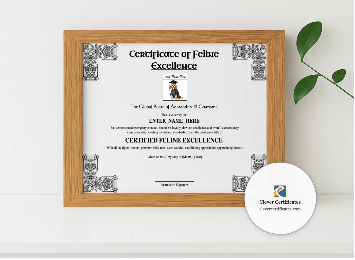 Realistic mockup featuring Certificate Of Feline Excellence displayed within a modern frame, set against a minimalistic background.