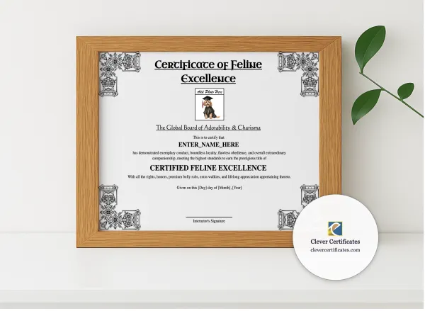 Realistic mockup featuring Certificate Of Feline Excellence displayed within a modern frame, set against a minimalistic background.