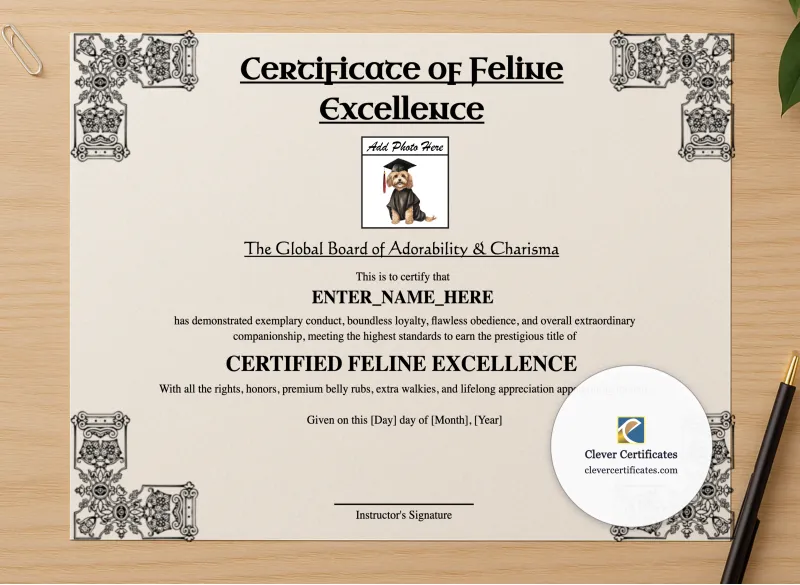 Professional preview of Certificate Of Feline Excellence certificate on high-quality stationery paper, ideal for showcasing the final look.