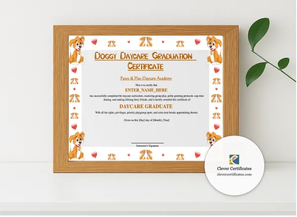 Realistic mockup featuring Doggy Daycare Graduation Certificate displayed within a modern frame, set against a minimalistic background.