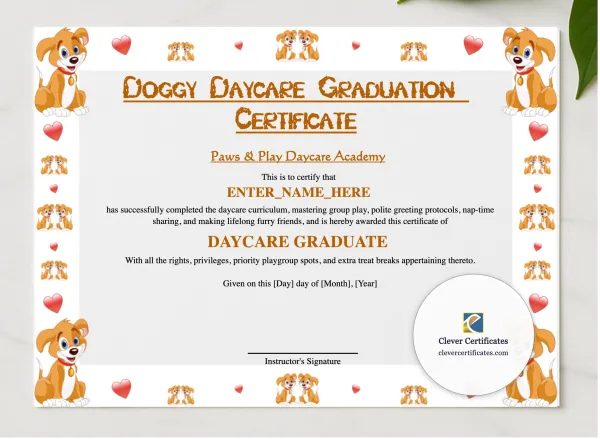 Doggy Daycare Graduation Certificate presented in a sleek wooden frame, elegantly arranged on a stylish table.