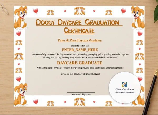 Professional preview of Doggy Daycare Graduation Certificate certificate on high-quality stationery paper, ideal for showcasing the final look.