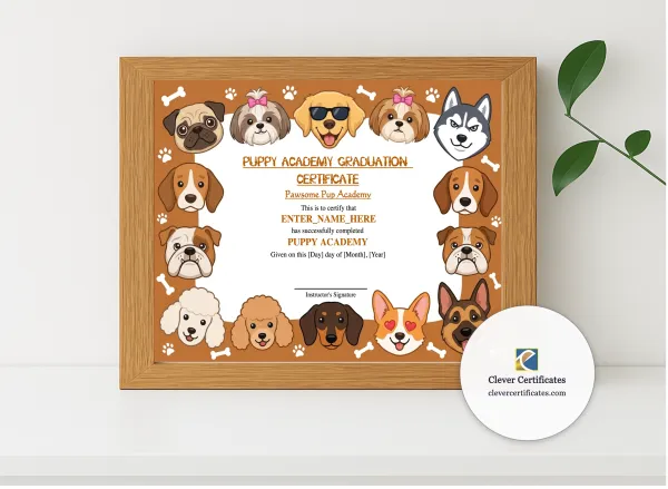 Realistic mockup featuring Puppy Academy Graduation Certificate displayed within a modern frame, set against a minimalistic background.