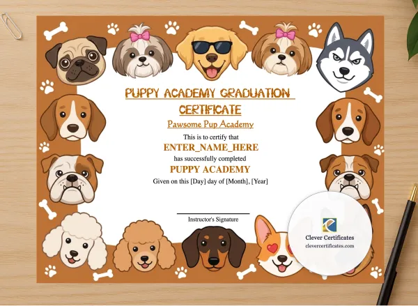 Professional preview of Puppy Academy Graduation Certificate certificate on high-quality stationery paper, ideal for showcasing the final look.