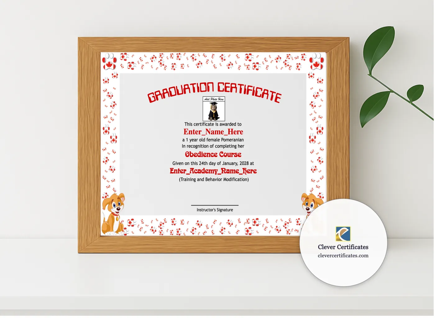 Realistic mockup featuring Canine Academy Graduation Certificate displayed within a modern frame, set against a minimalistic background.