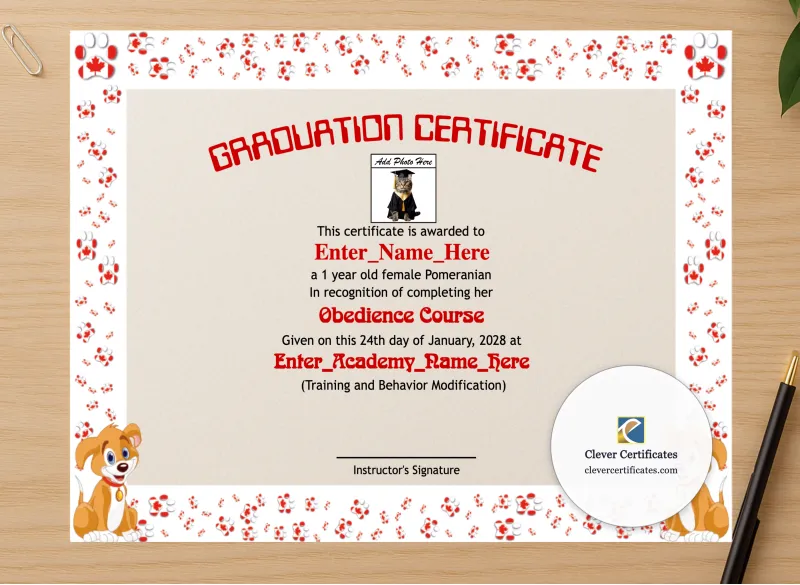Professional preview of Canine Academy Graduation Certificate certificate on high-quality stationery paper, ideal for showcasing the final look.