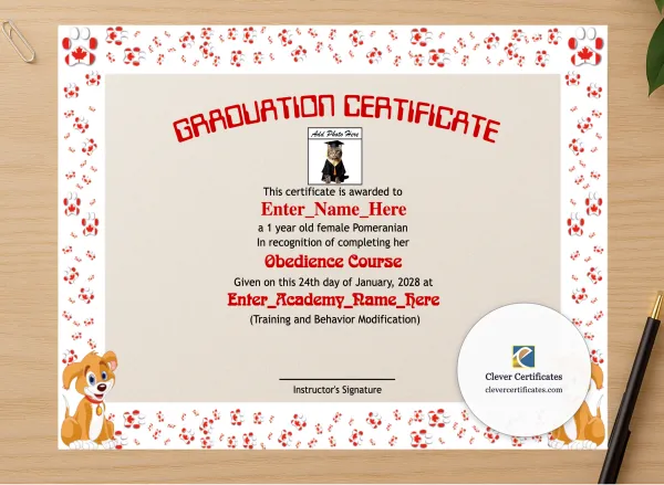 Professional preview of Canine Academy Graduation Certificate certificate on high-quality stationery paper, ideal for showcasing the final look.