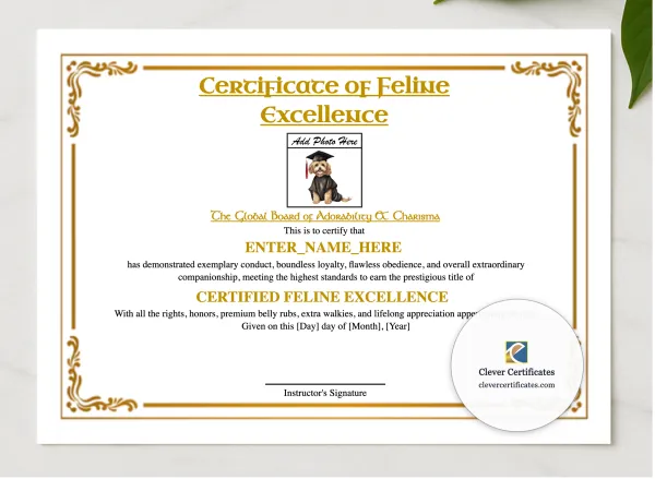 Feline Academy Graduation Certificate presented in a sleek wooden frame, elegantly arranged on a stylish table.