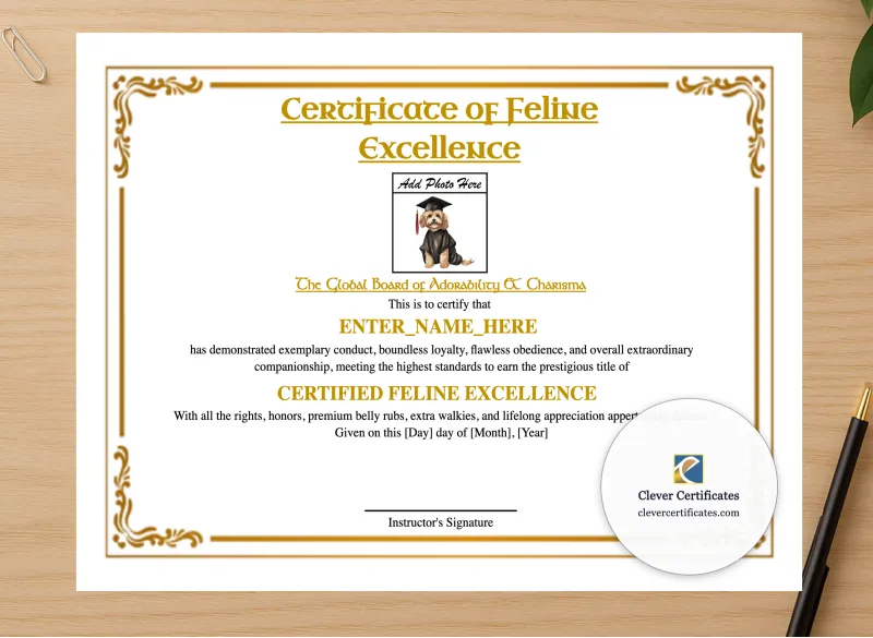 Professional preview of Feline Academy Graduation Certificate certificate on high-quality stationery paper, ideal for showcasing the final look.