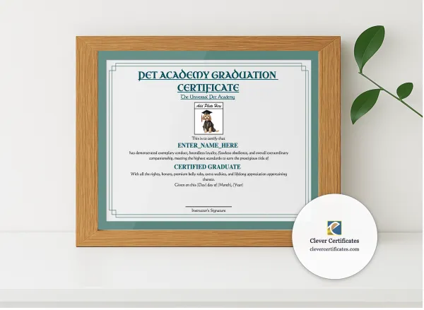 Realistic mockup featuring Pet Academy Graduation Certificate displayed within a modern frame, set against a minimalistic background.