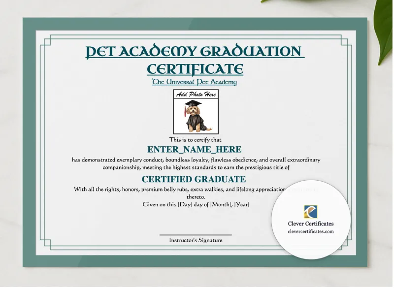Pet Academy Graduation Certificate presented in a sleek wooden frame, elegantly arranged on a stylish table.