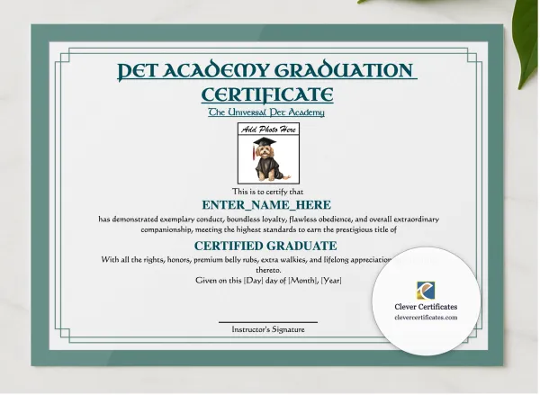 Pet Academy Graduation Certificate presented in a sleek wooden frame, elegantly arranged on a stylish table.