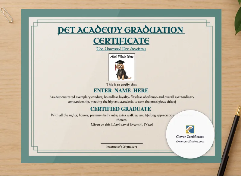 Professional preview of Pet Academy Graduation Certificate certificate on high-quality stationery paper, ideal for showcasing the final look.