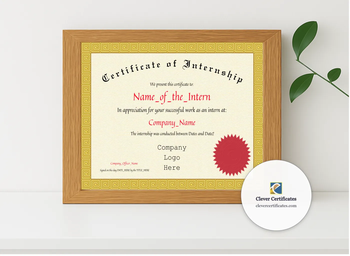 Realistic mockup featuring Certificate Of Internship displayed within a modern frame, set against a minimalistic background.