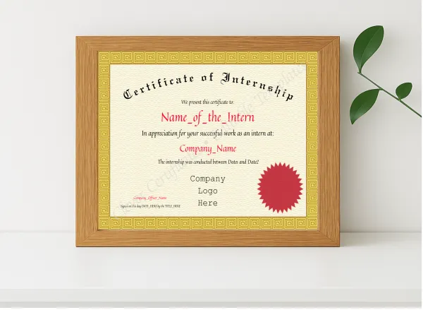 Realistic mockup featuring Certificate Of Internship displayed within a modern frame, set against a minimalistic background.