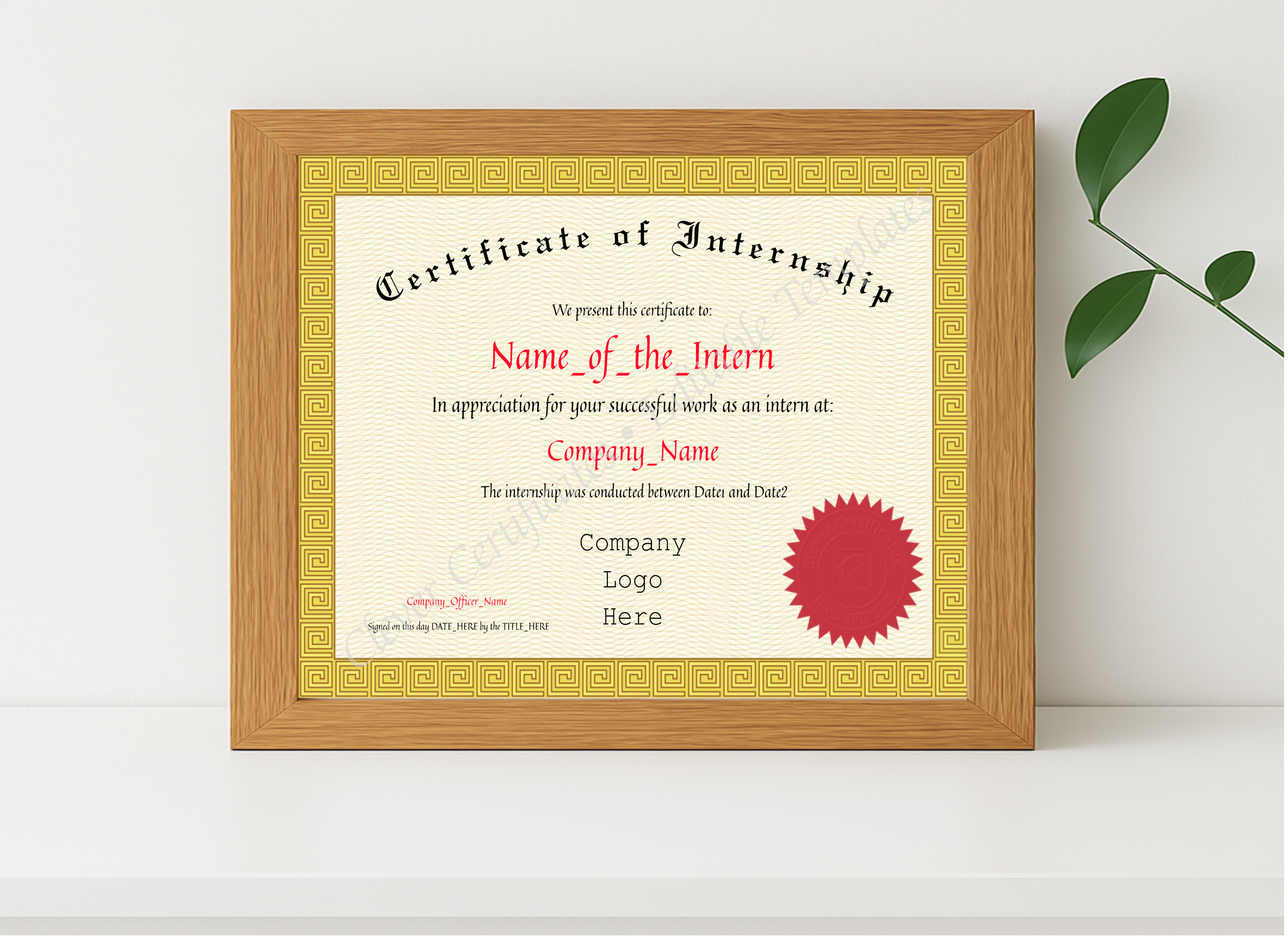 Realistic mockup featuring Certificate Of Internship displayed within a modern frame, set against a minimalistic background.