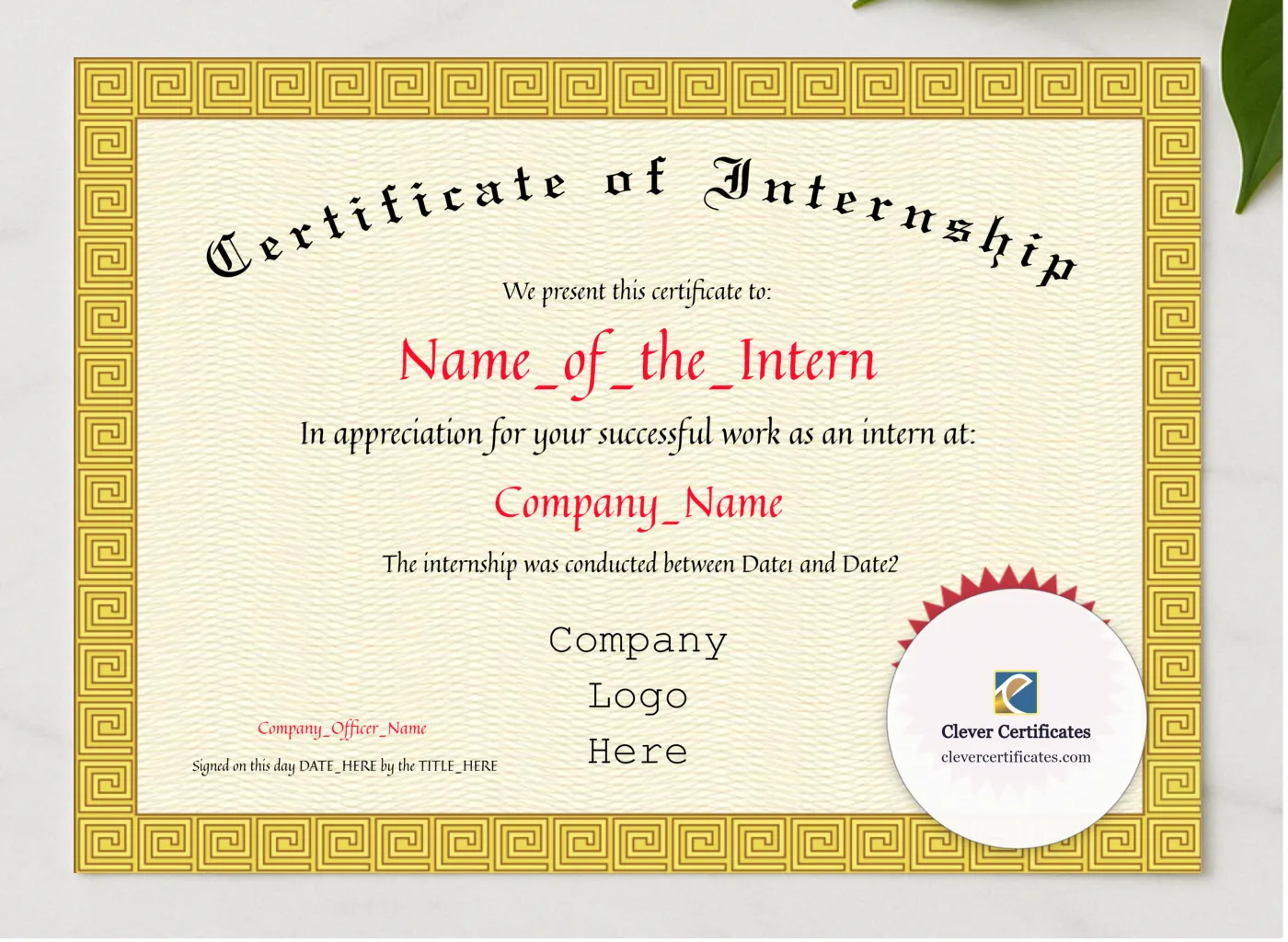 Certificate Of Internship presented in a sleek wooden frame, elegantly arranged on a stylish table.
