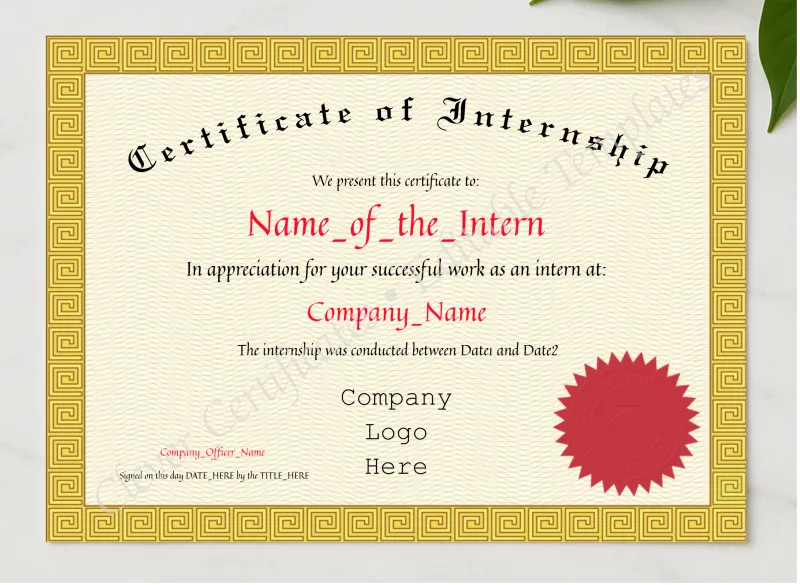 Certificate Of Internship presented in a sleek wooden frame, elegantly arranged on a stylish table.