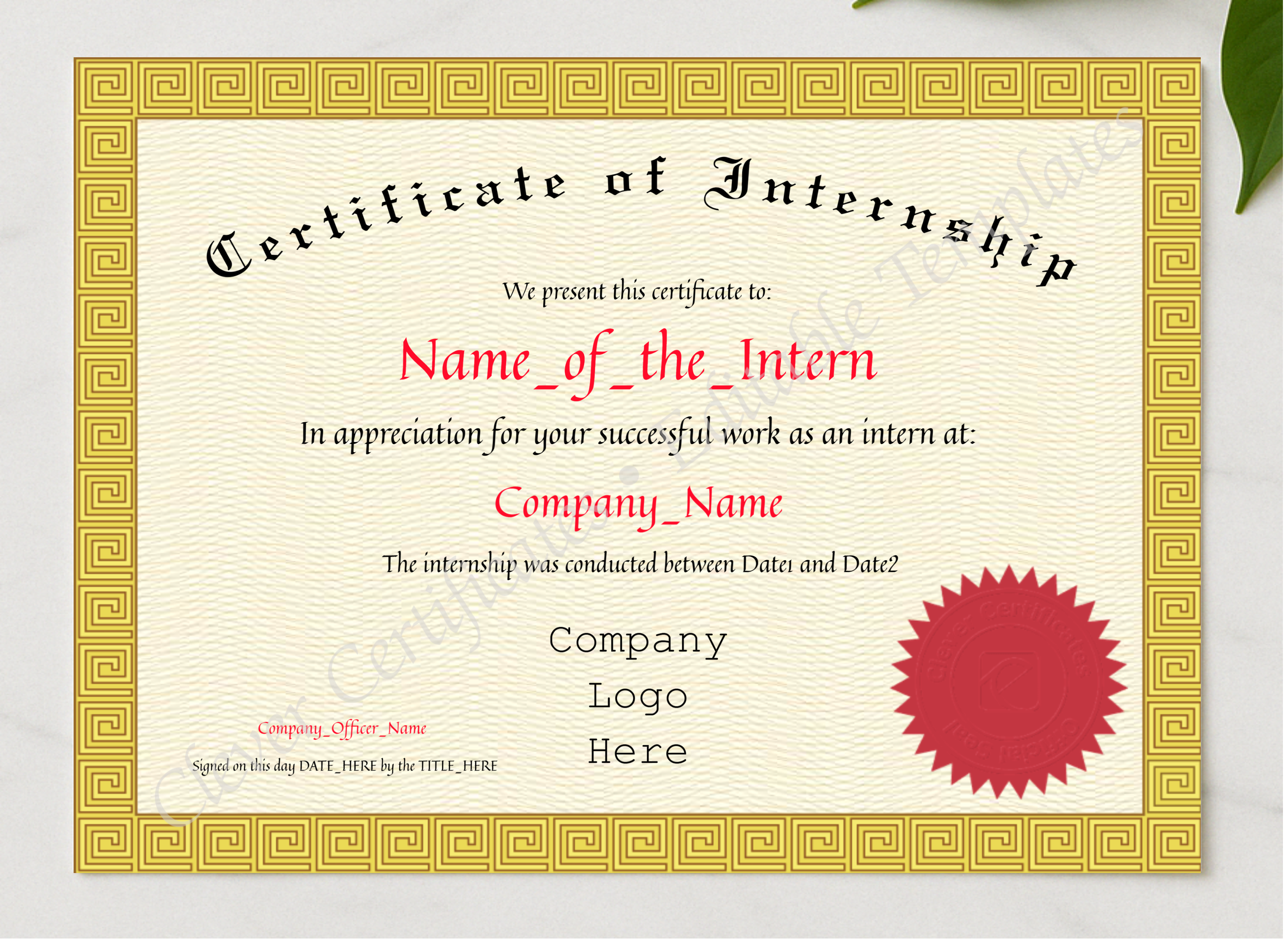 Certificate Of Internship presented in a sleek wooden frame, elegantly arranged on a stylish table.