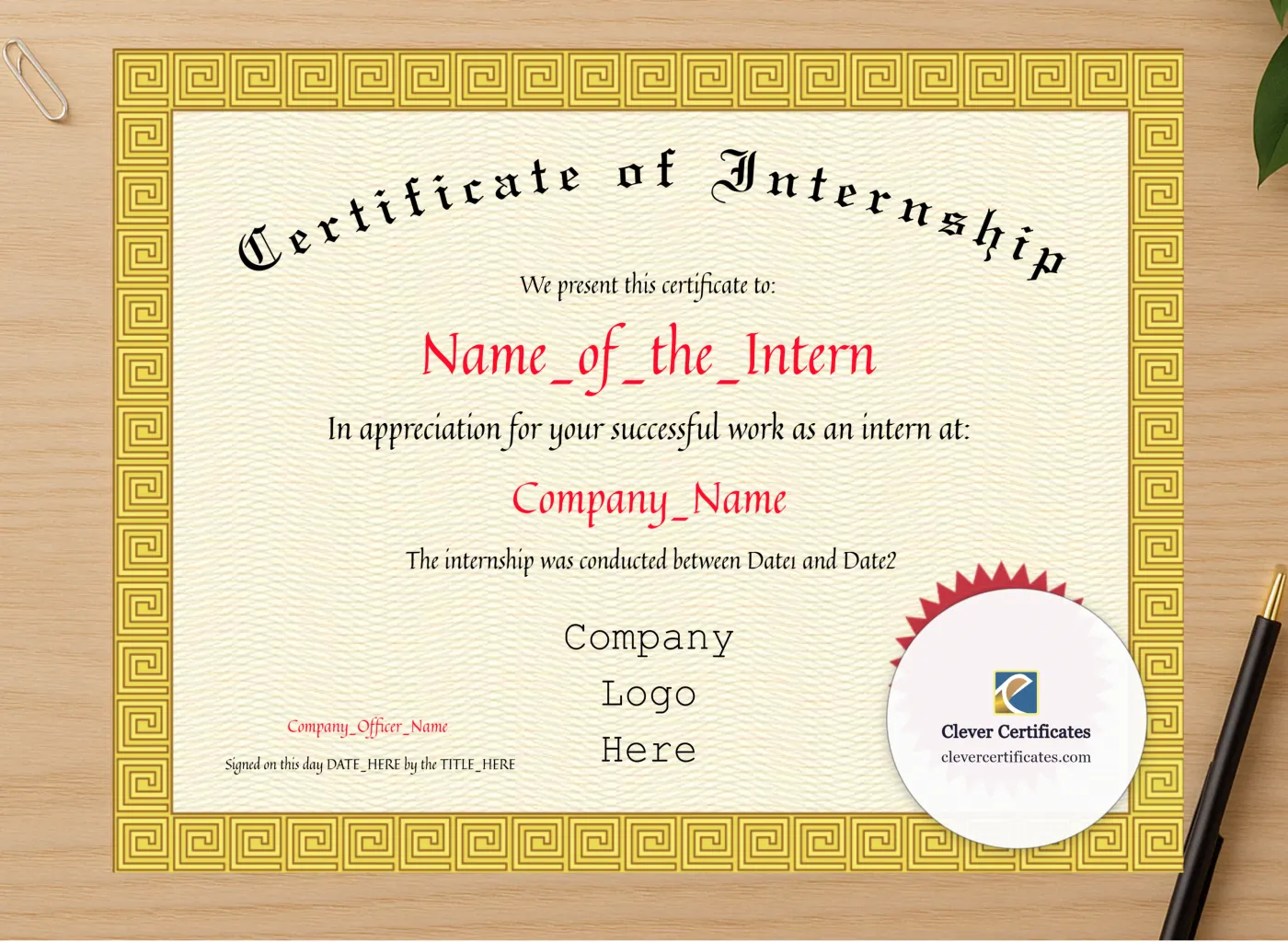 Professional preview of Certificate Of Internship certificate on high-quality stationery paper, ideal for showcasing the final look.