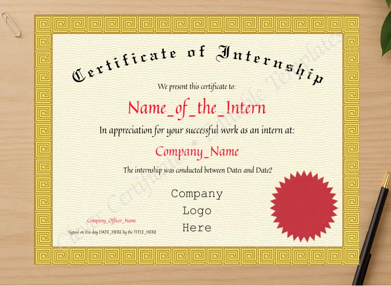 Professional preview of Certificate Of Internship certificate on high-quality stationery paper, ideal for showcasing the final look.
