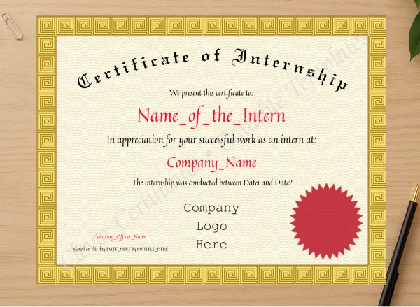 Professional preview of Certificate Of Internship certificate on high-quality stationery paper, ideal for showcasing the final look.
