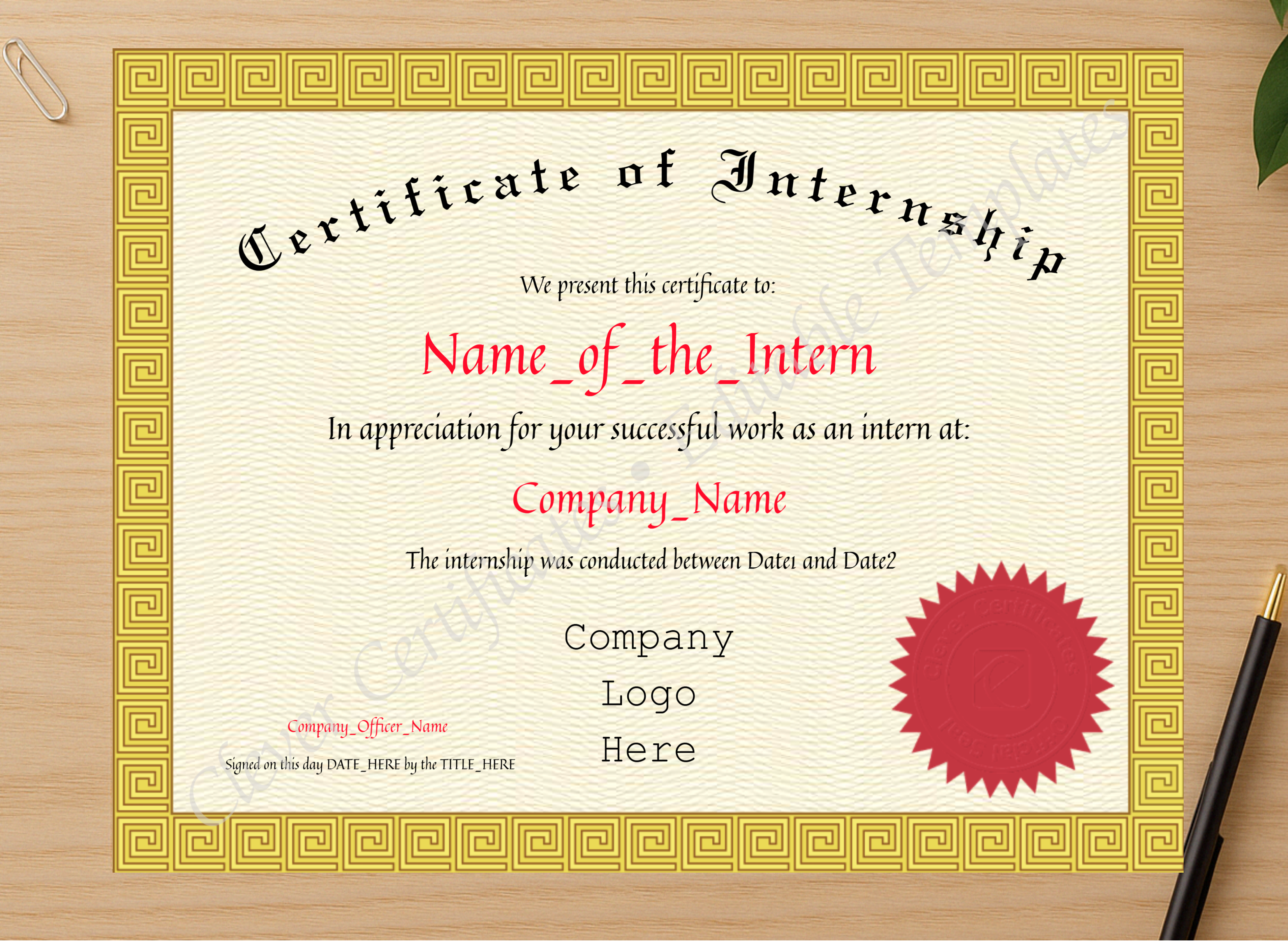 Professional preview of Certificate Of Internship certificate on high-quality stationery paper, ideal for showcasing the final look.