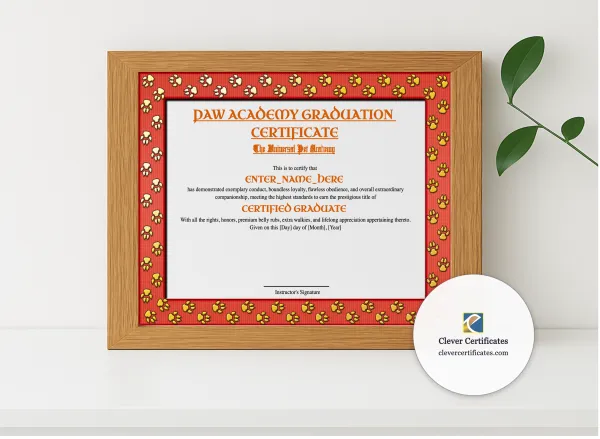 Realistic mockup featuring Paw Academy Graduation Certificate displayed within a modern frame, set against a minimalistic background.