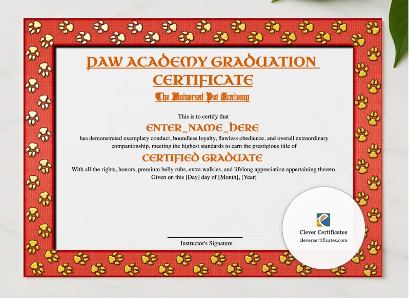 Paw Academy Graduation Certificate presented in a sleek wooden frame, elegantly arranged on a stylish table.