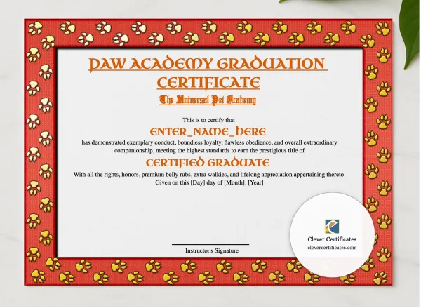 Paw Academy Graduation Certificate presented in a sleek wooden frame, elegantly arranged on a stylish table.