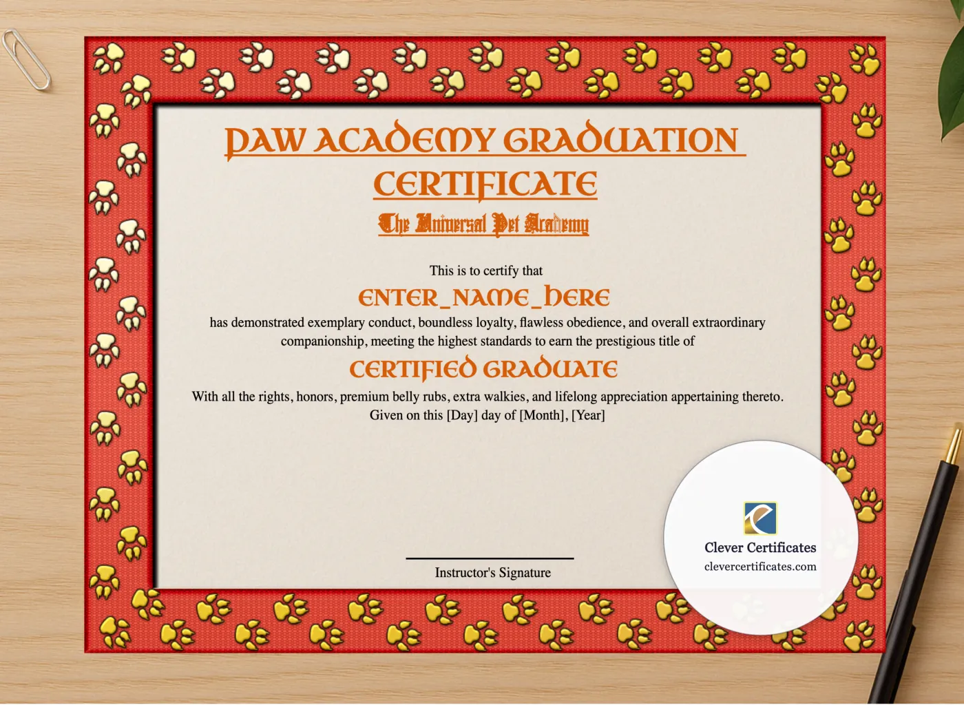 Professional preview of Paw Academy Graduation Certificate certificate on high-quality stationery paper, ideal for showcasing the final look.