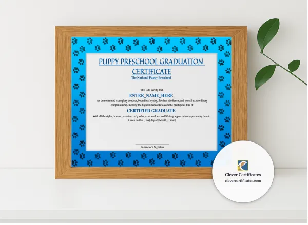 Realistic mockup featuring Puppy Preschool Graduation Certificate displayed within a modern frame, set against a minimalistic background.